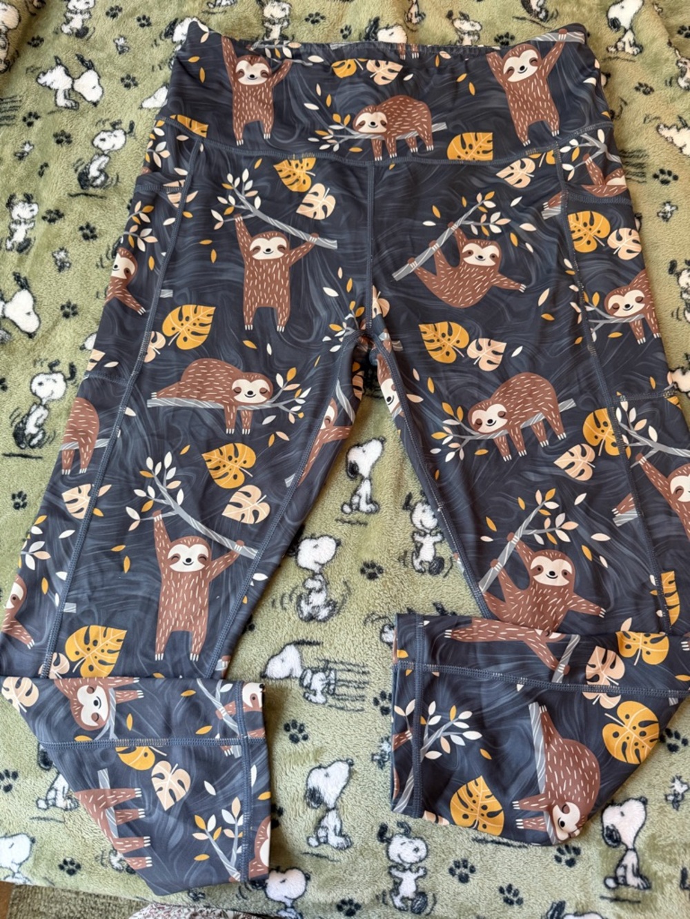 Constantly Varied Gear Women's Sloth Print Leggings in Charcoal, Brown & Mustard